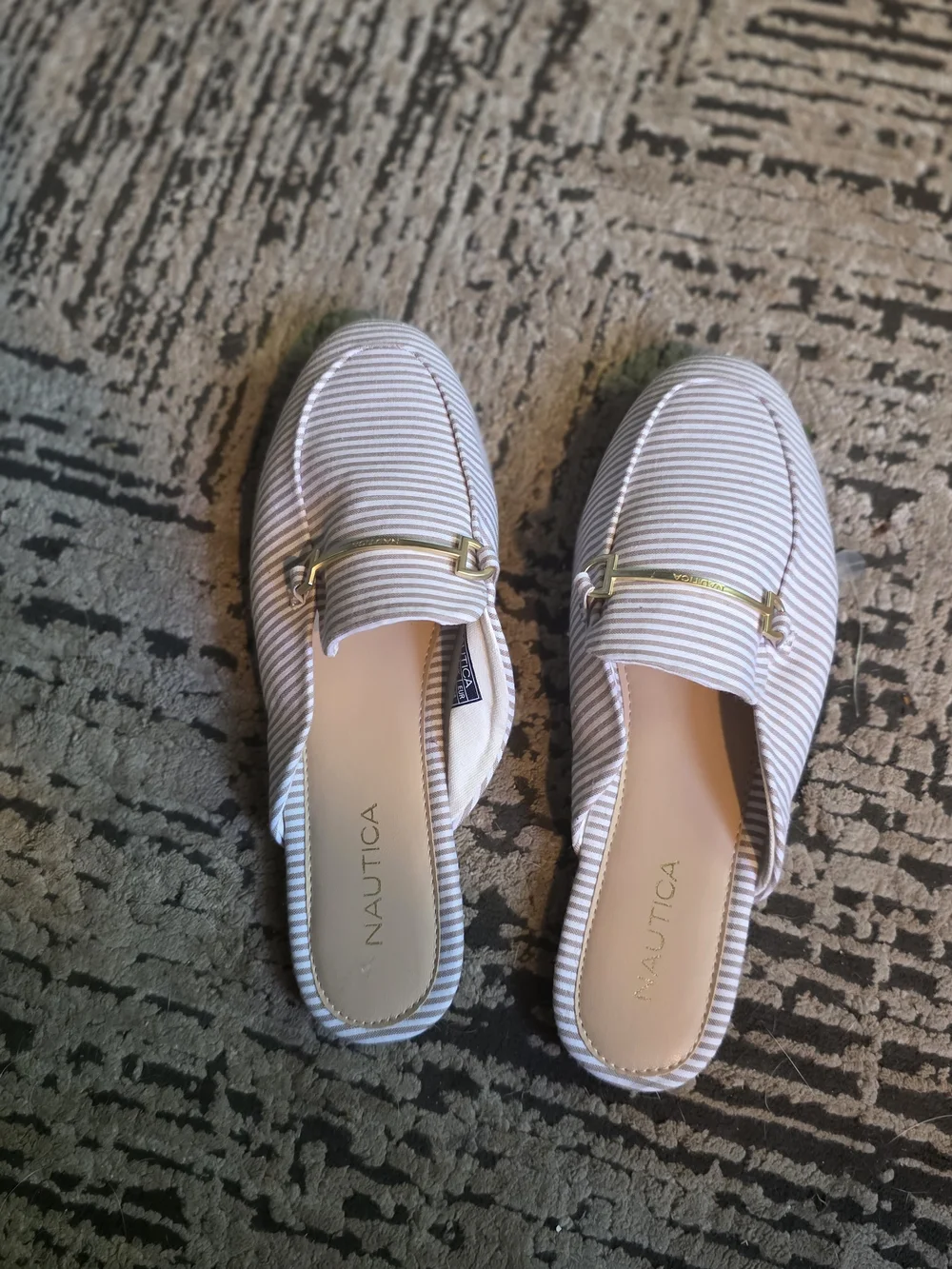 New With Out Box Nautica Beige & White Striped Slip-On Mules with Gold Bit